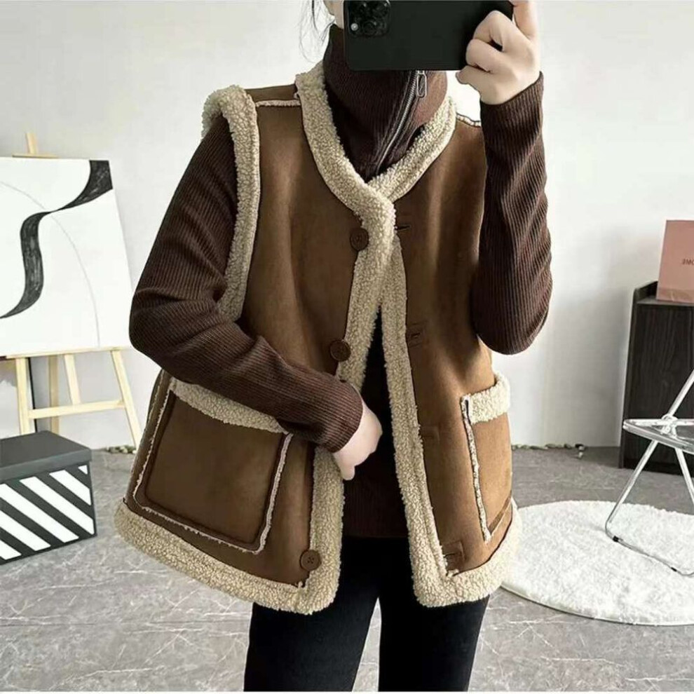 (coffee, L) Double-sided Vest Women&apos;s Vintage Sheepskin Fur Vest Reversible Waistcoat Autumn Winter Brown Vest