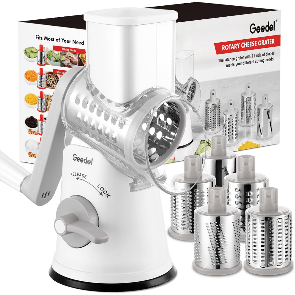 (White) Cheese Grater, Vegetable Slicer with 5 Replaceable Blades, Rotary Grater for Cheese Cucumber Potato Nut, Ice Crusher for Smoothie Ice Cream