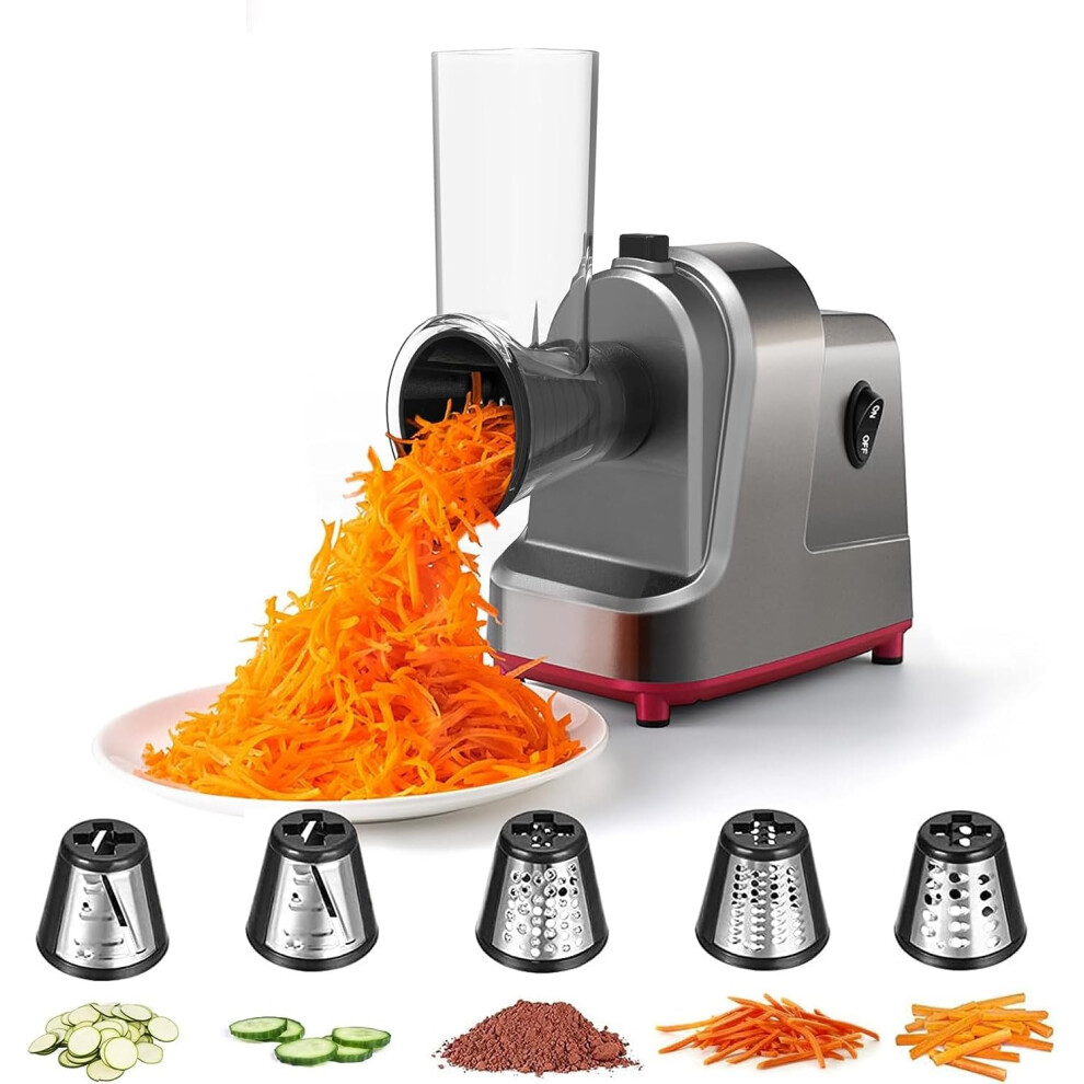 (Red) Electric Cheese Grater Vegetable Slicer - 250W Electric Rotary Grater Chopper Salad Maker with 4 Stainless Steel Drums for Cucumber