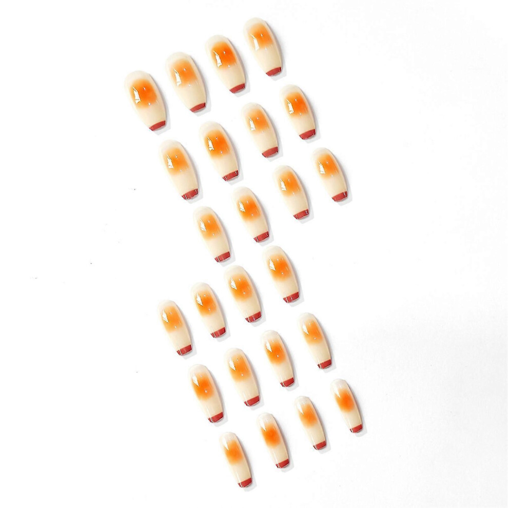 (Glue Models, One size) 24pcs Coffin Nails Full Cover Long Paragraph Orange Halos Staining Fake Nail