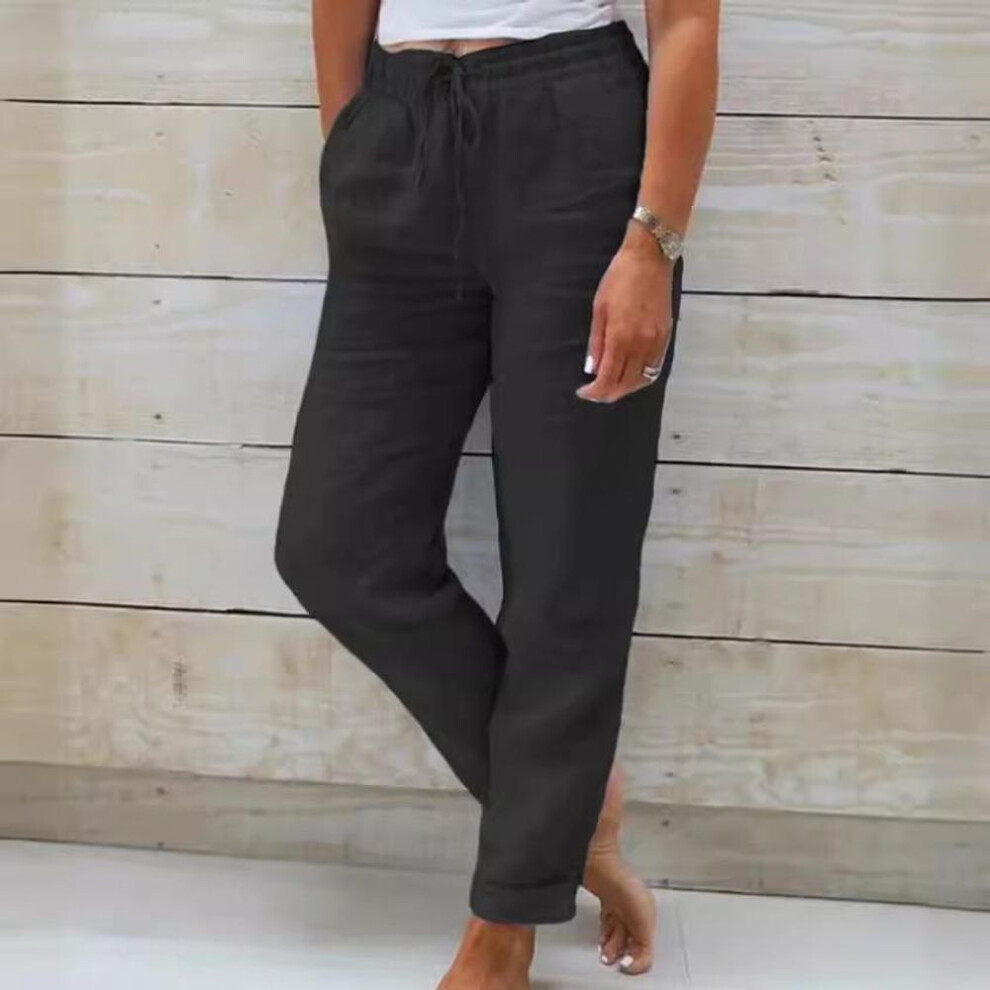 (black, L) 2024 New Womens Summer Elastic Waist Pocket Solid Color Cotton Linen Wide Leg Pants Loose Nine Points Pants