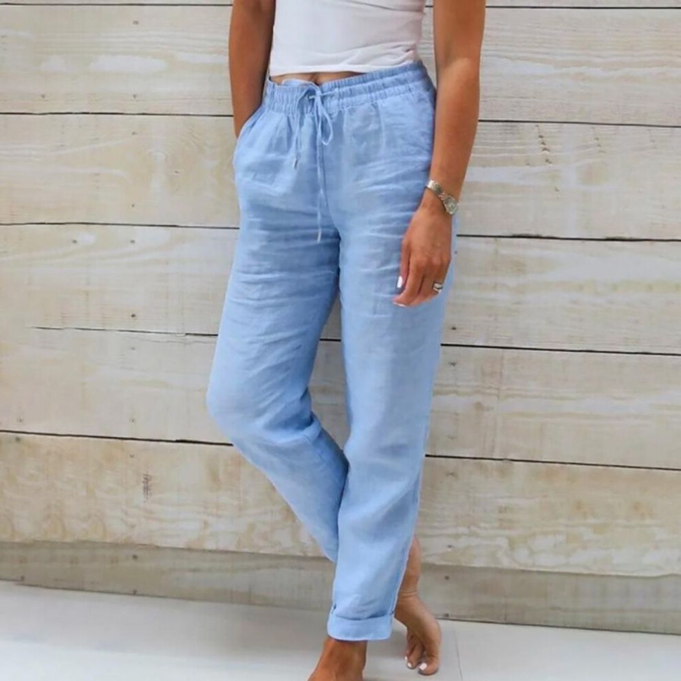 (blue, M) 2024 New Womens Summer Elastic Waist Pocket Solid Color Cotton Linen Wide Leg Pants Loose Nine Points Pants