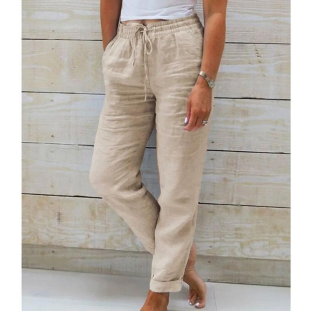 (khaki, L) 2024 New Womens Summer Elastic Waist Pocket Solid Color Cotton Linen Wide Leg Pants Loose Nine Points Pants