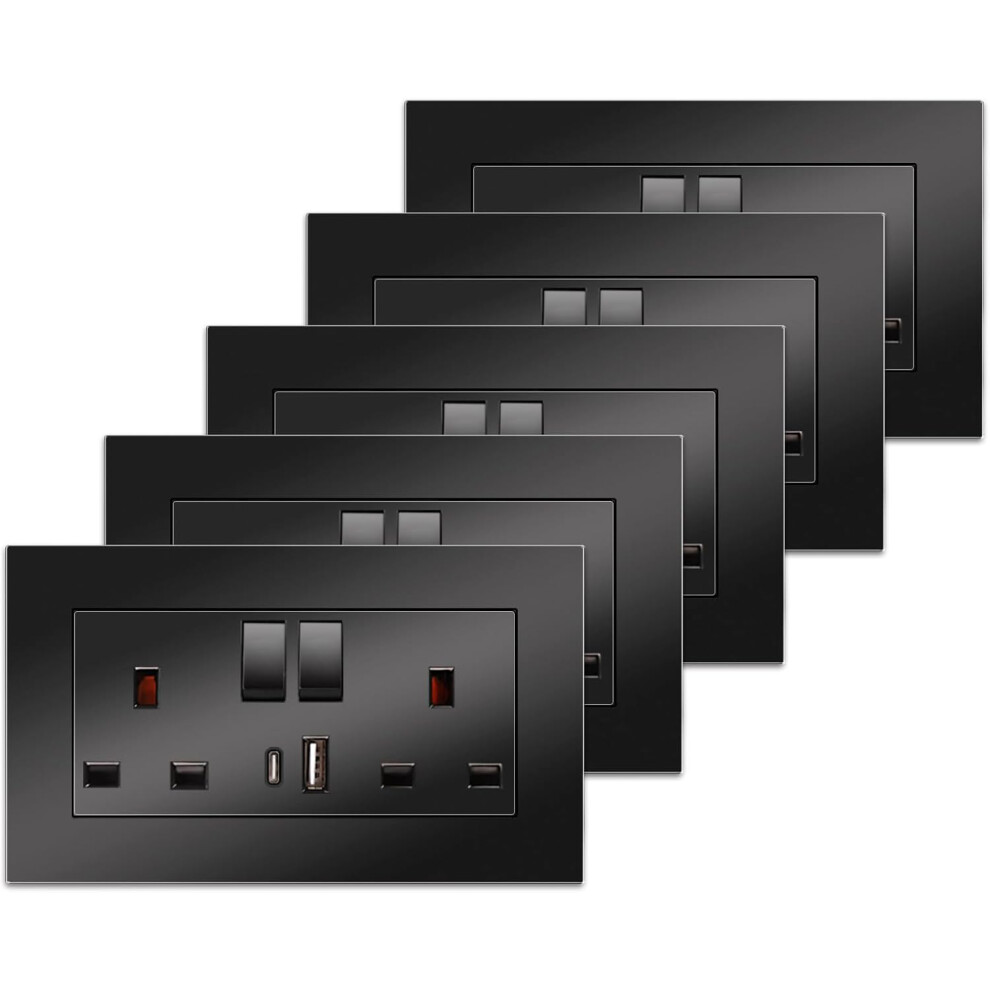(5 Pack, USB Socket (Type A and C), Black) Double Switched Power Socket with Dual USB Charging Ports (Type A and C), Black 13 Amp Electric Wall Socket