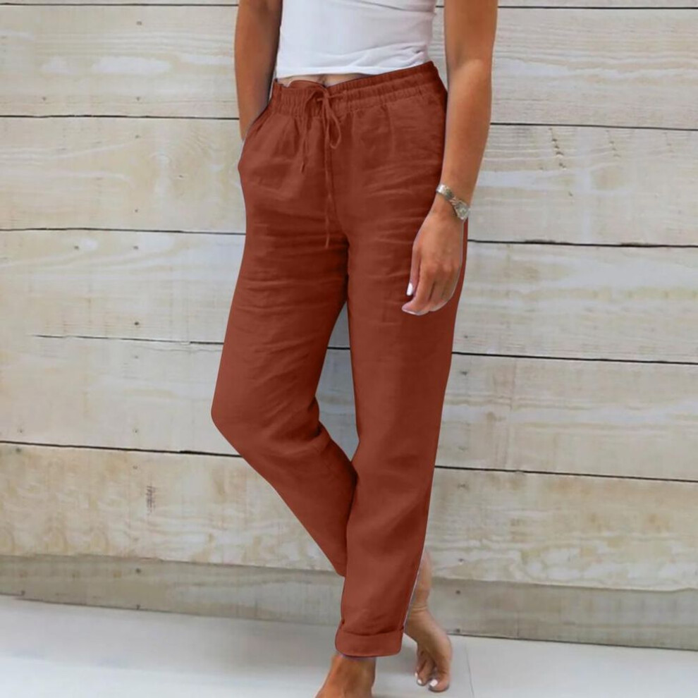 (red, 4XL) 2024 New Womens Summer Elastic Waist Pocket Solid Color Cotton Linen Wide Leg Pants Loose Nine Points Pants