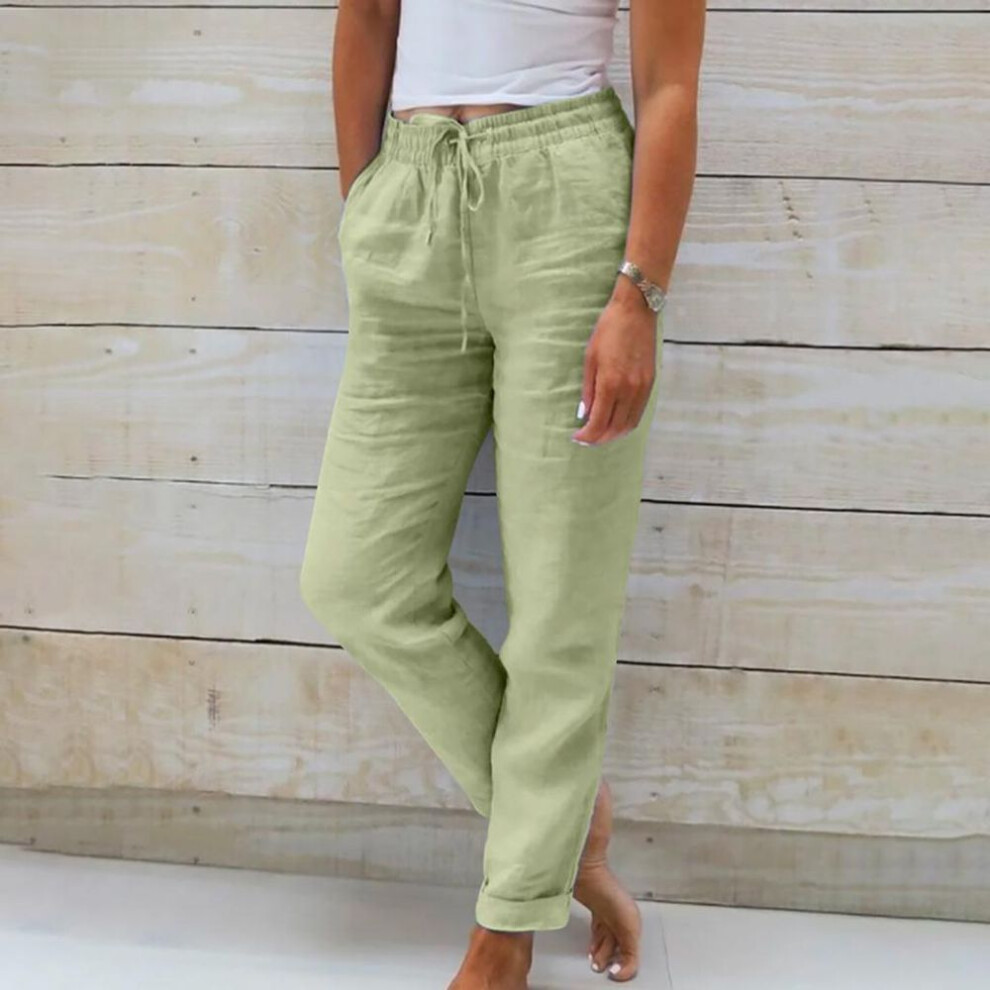 (green, 4XL) 2024 New Womens Summer Elastic Waist Pocket Solid Color Cotton Linen Wide Leg Pants Loose Nine Points Pants