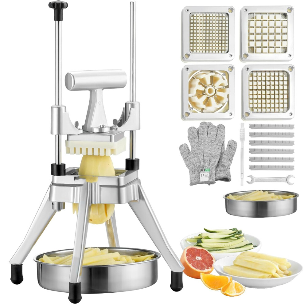 Commercial Vegetable Fruit Chopper, Stainless Steel French Fry Cutter with 4 Blades 1/4" 3/8" 1/2", 6-wedge Slicer, Chopper Dicer with Tray