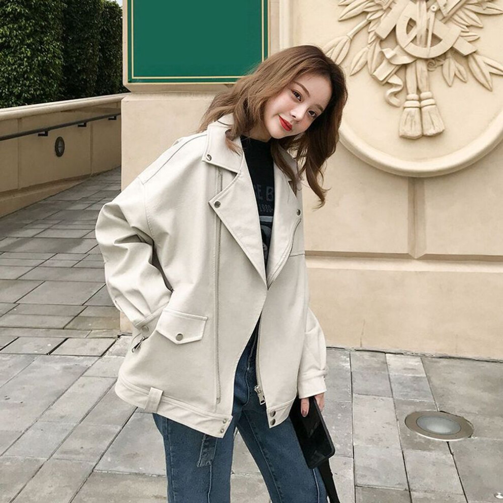 (beige, M) Autumn Women&apos;s Loose Motorcycle Leather Jacket, Street Style Short Coat