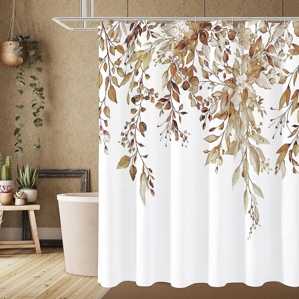 (Brown, 72 in W x 72 in L) Emerald Green Eucalyptus Shower Curtain, Watercolor Plant Leaves With Floral