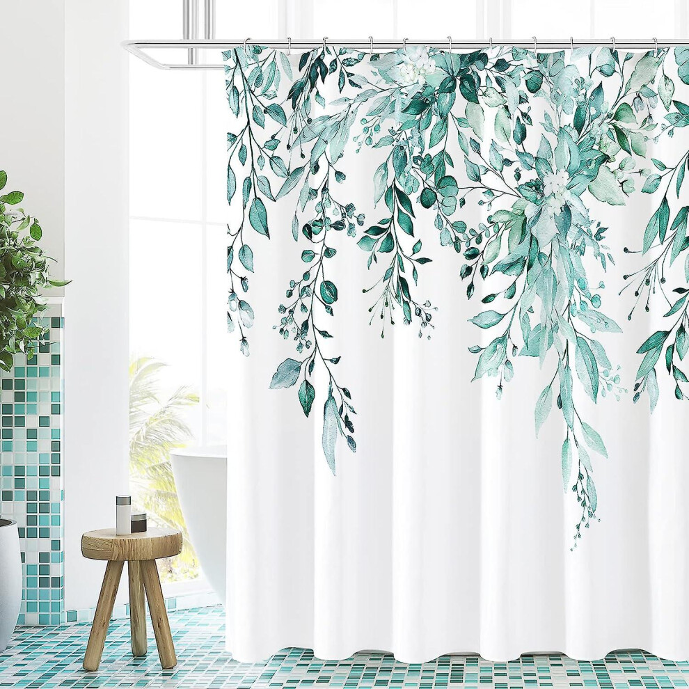 (Teal, 72 in W x 72 in L) Emerald Green Eucalyptus Shower Curtain, Watercolor Plant Leaves With Floral