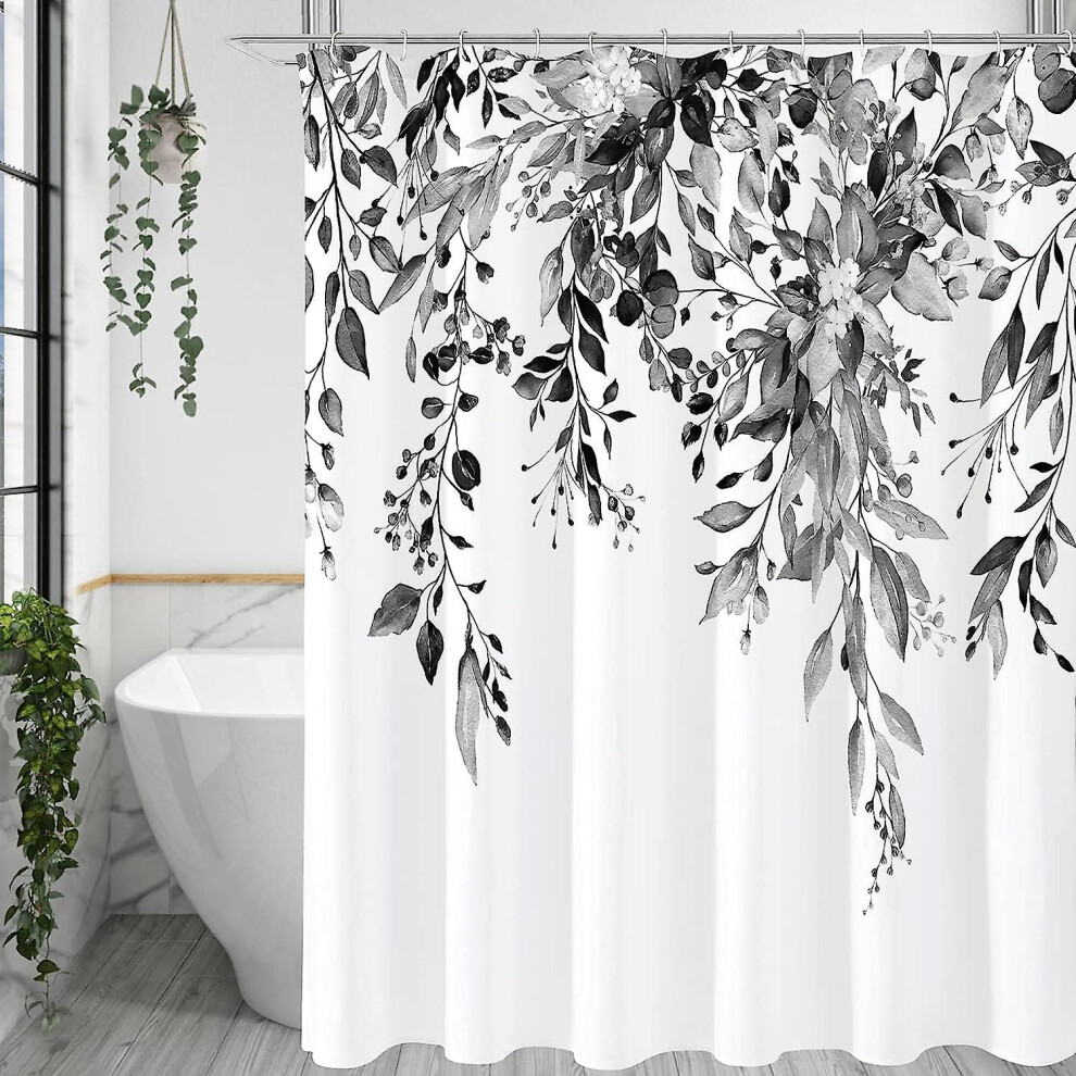 (Black, 72 in W x 72 in L) Emerald Green Eucalyptus Shower Curtain, Watercolor Plant Leaves With Floral