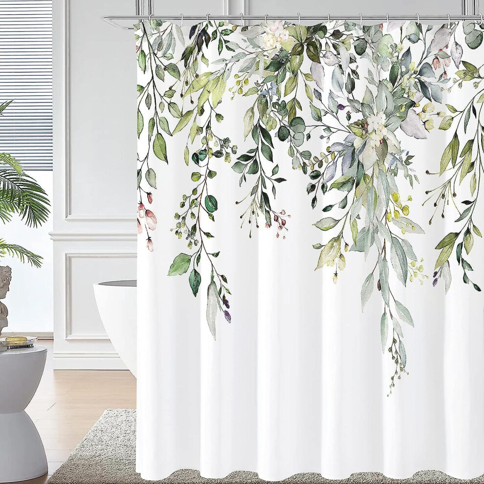 (Green, 72 in W x 84 in L) Emerald Green Eucalyptus Shower Curtain, Watercolor Plant Leaves With Floral