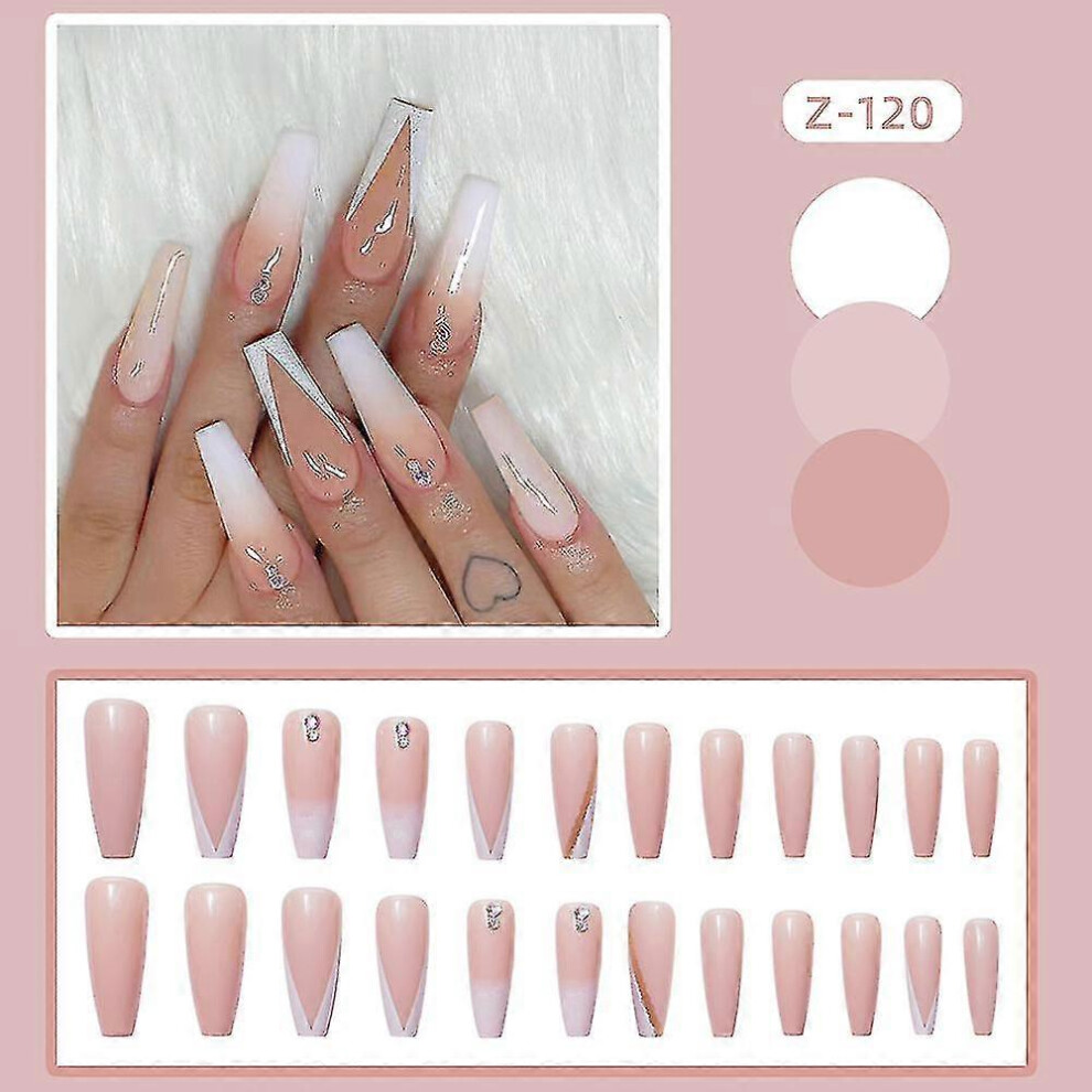 (Jelly Glue Model) 24pcs Glossy Long False Nails French Wearable Fake Nail For Women And Girls