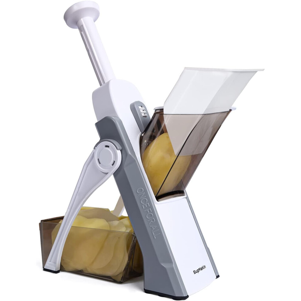 (Grey) Safest Mandoline Vegetable Slicer/Chopper, Potato Chip Cutter, Multifunctional Veg Chopper with 4 Cutting Modes to Slice, Dice, Chop, Julienne,