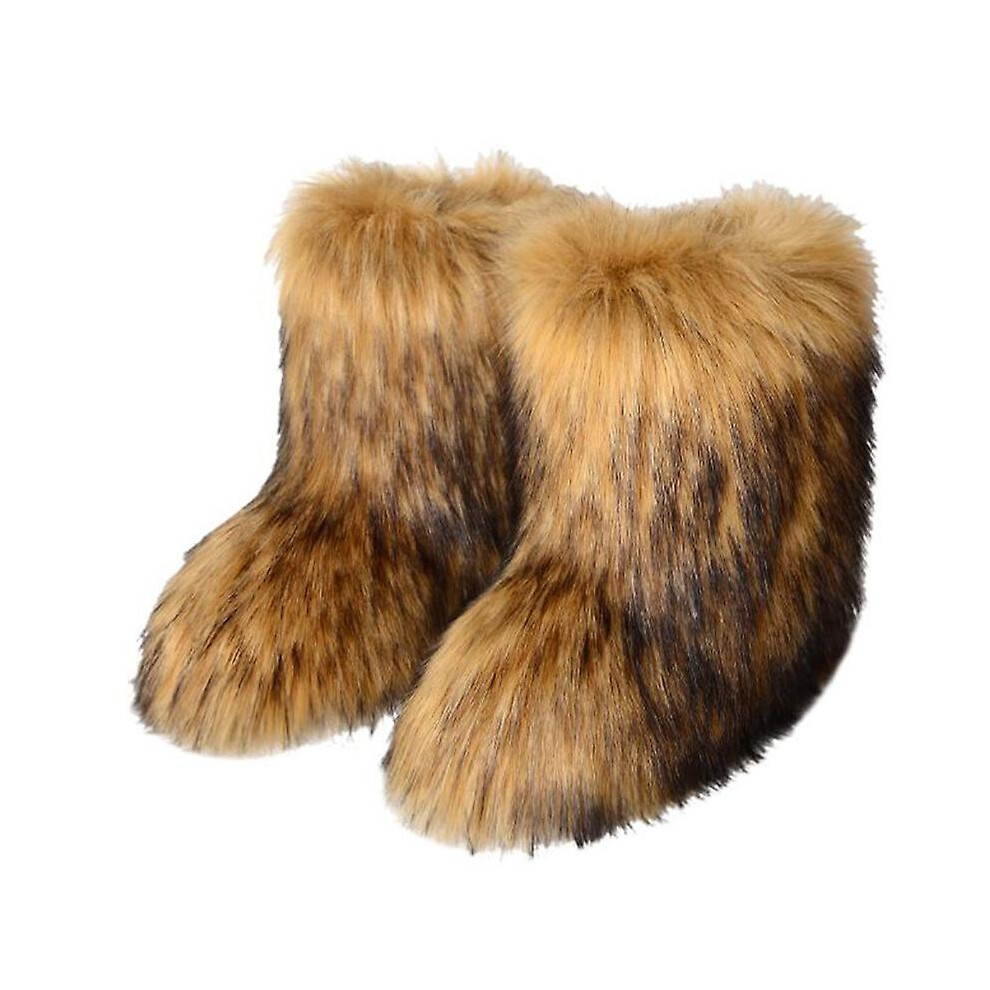 (Coffee, SIZE 37) Mimigo Women Fashion Warm Faux Raccoon Fur Boots For Winter Multicolors Snow Boots Ox Tendon Sole