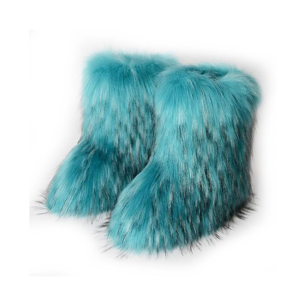(Blue, SIZE 41) Mimigo Women Fashion Warm Faux Raccoon Fur Boots For Winter Multicolors Snow Boots Ox Tendon Sole