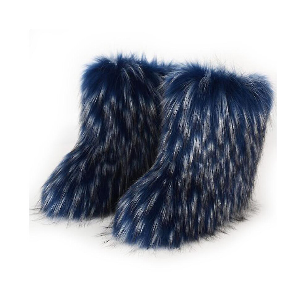 (Navy Blue, SIZE 42) Mimigo Women Fashion Warm Faux Raccoon Fur Boots For Winter Multicolors Snow Boots Ox Tendon Sole