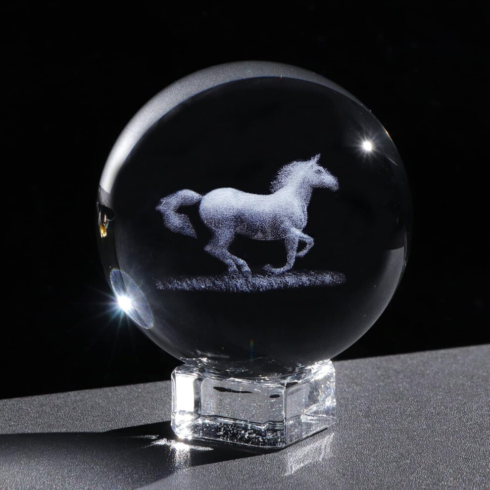 (Horse) 2.36 in./6cm 3D Etched Horse Crystal Ball Ornament for Home, Collectible Figurine Decor with Stand, Glass Crafts Horse Gifts for Women on Birt