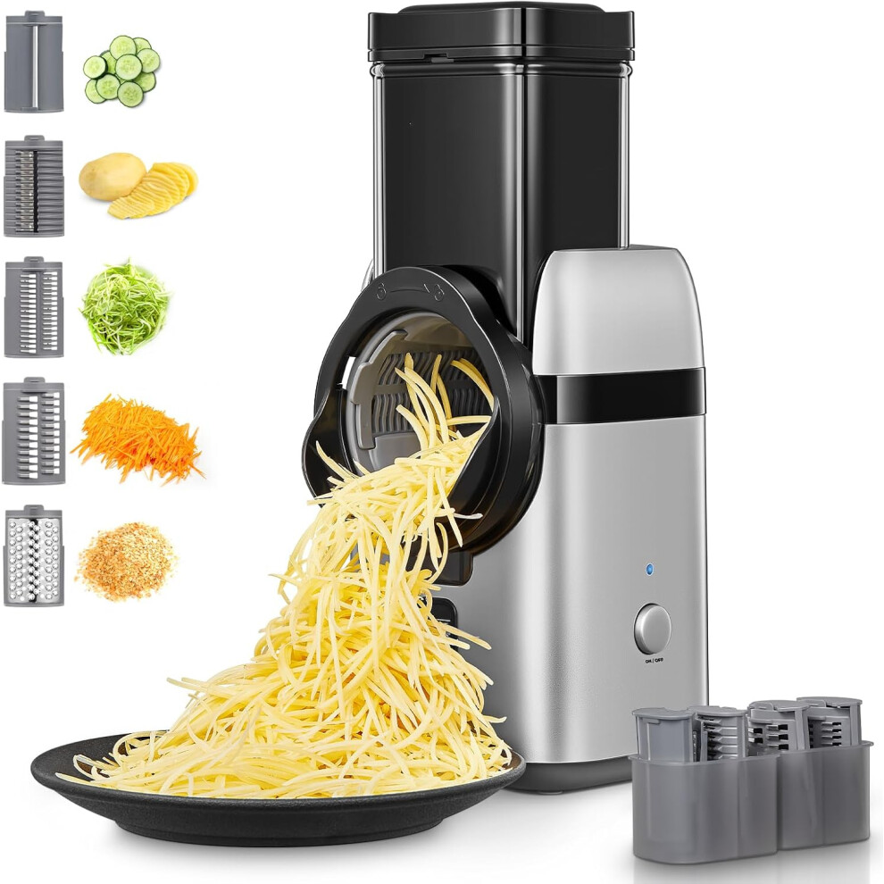 5 in 1 Electric Cheese Grater, Large Feed Chute Electric Grater Vegetable Shredder with Multi Replaceable Blades and Storage Box