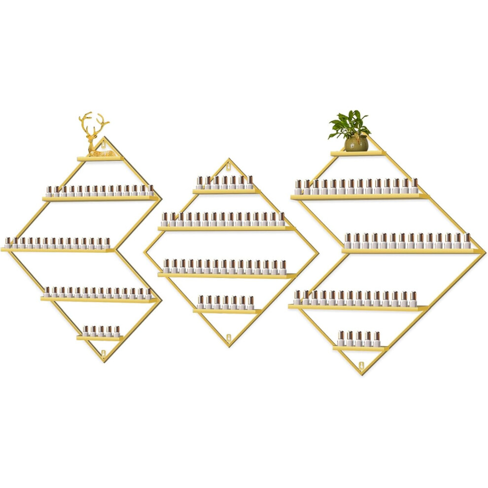 (brackets and rhombus) 3pcs Metal Wall Mounted Nail Polish Storage Rack Gold Display Rack Cosmetic Display Cabinet Lipstick Perfume Wall Rack Essential Oil Storage Rack