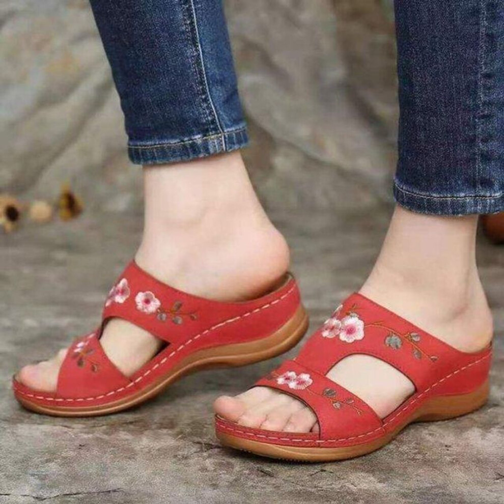 (red, 42) Summer Women Wedge Sandals Premiums Orthopedic Open Toe Slipper Vintage Anti-slip Leather Casual Female Platform Embroidered Shoes