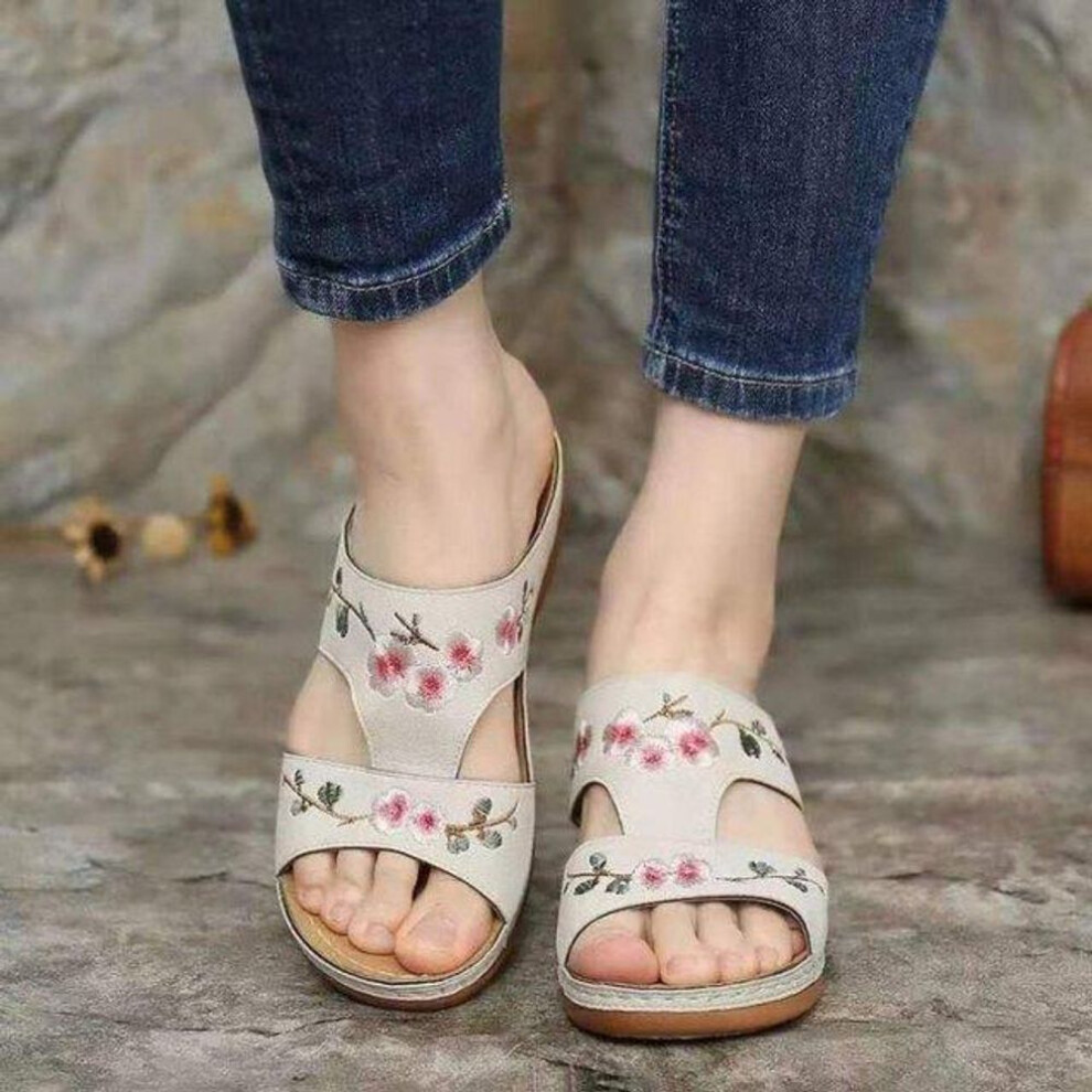 (beige, 36) Summer Women Wedge Sandals Premiums Orthopedic Open Toe Slipper Vintage Anti-slip Leather Casual Female Platform Embroidered Shoes