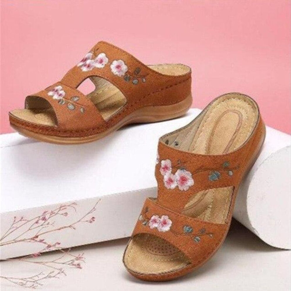 (brown, 35) Summer Women Wedge Sandals Premiums Orthopedic Open Toe Slipper Vintage Anti-slip Leather Casual Female Platform Embroidered Shoes