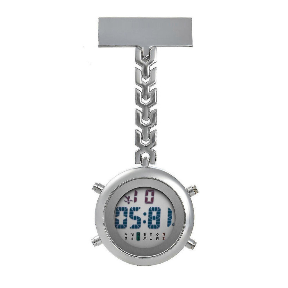 (Silver) Nurse Watch Pocket Watch Multi-function Metal Electronic Digital Display Chest Watch Alarm Timer