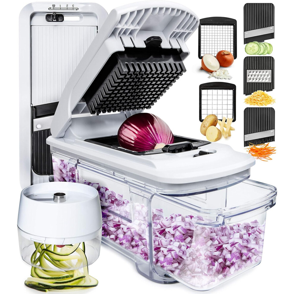 (All-in-1 White) Vegetable Chopper Cutter Mandoline Slicer Cheese Grater - Food Onion Salad Veggie Chopper with Container - French Fry Potato Dicer Slicer Cutter