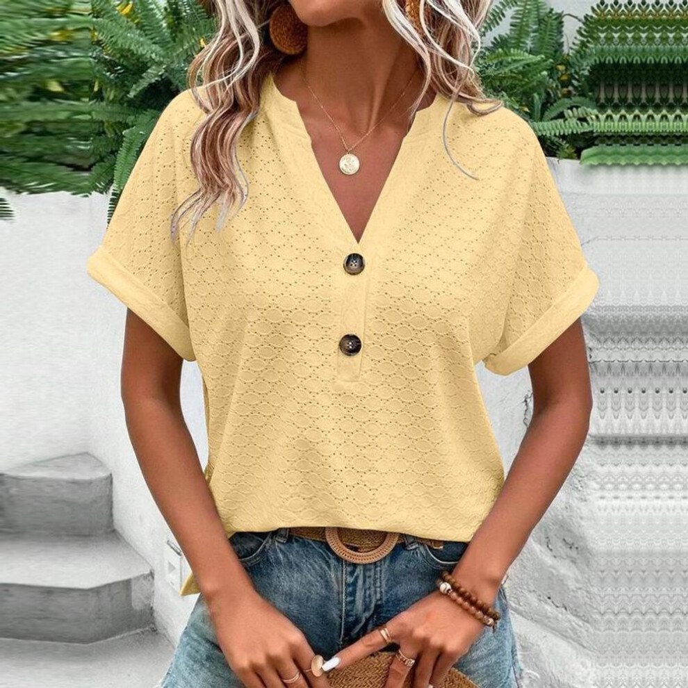 (L, yellow) 2023 Spring and Summer  New Women&apos;s Fashion and Casual Button V-neck T-shirt for Women Solid Color Hollow Out T-shirt