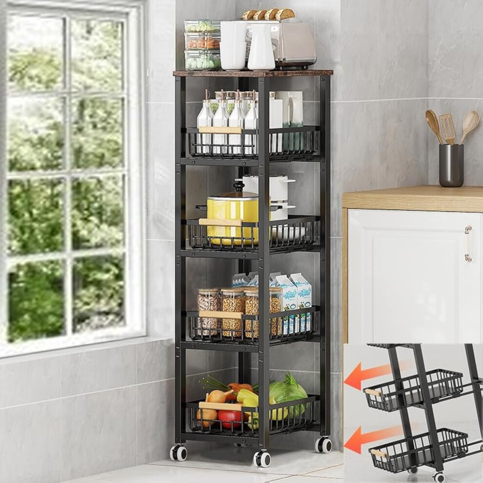 (5 Tier with Slide Drawer) Metal Wire Basket With Wheels, Stackable Storage Bins Kitchen Organizer Rack