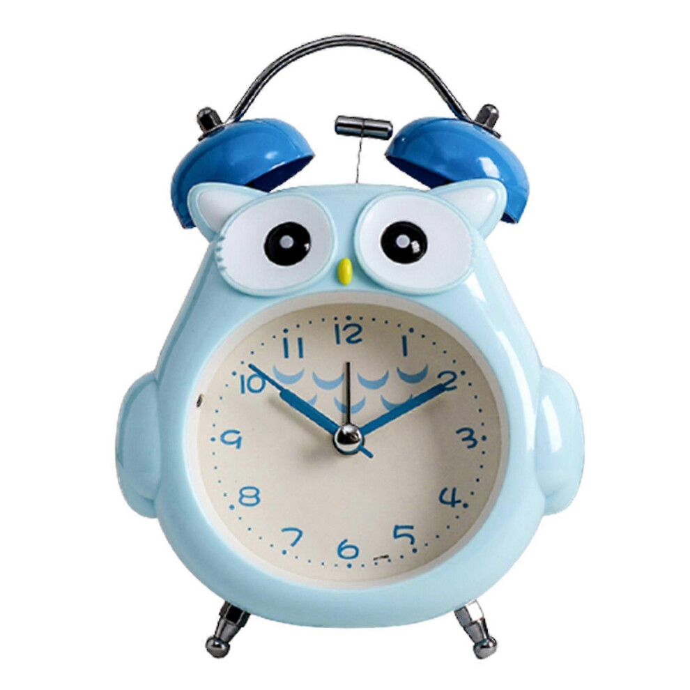 (Blue) Kids Alarm Clock Owl Loud Bell Analog Alarm Clock Silent Non-ticking Desk Clock With Night Light