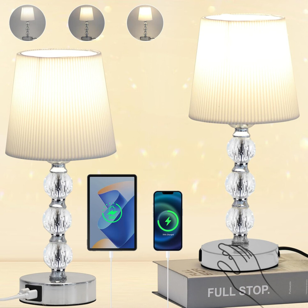 (Warm White) Bedside lamp set 2 pieces 3-speed dimming crystal touch table lamp with USB A+C charging port small touch bedside lamp