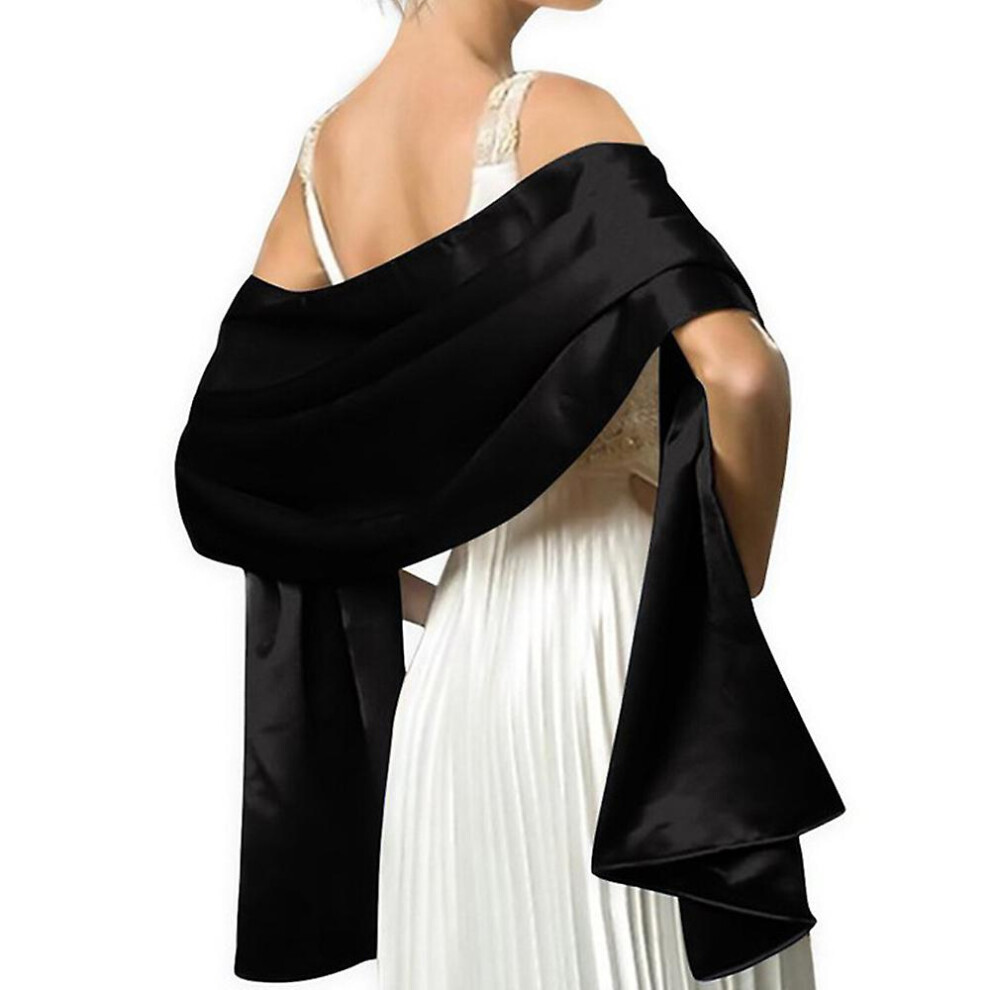 (Black) Women Silky Satin Bridal Wrap Stole Scarf Wedding Bridesmaid Shawl Black