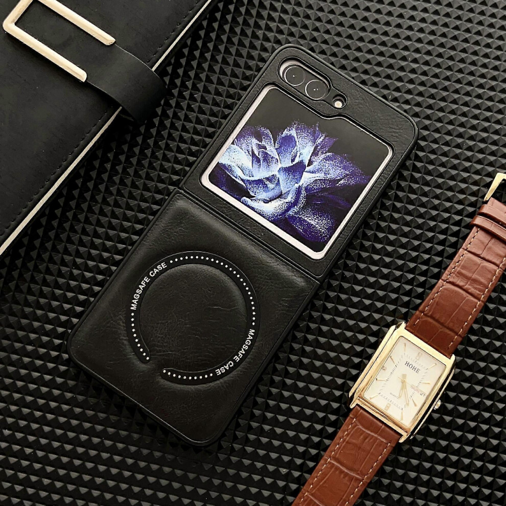 (Black) Pu Leather Case Compatible Samsung Galaxy Z Flip 5 For Magsafe Wireless Charge Z Flip 5 Cover
