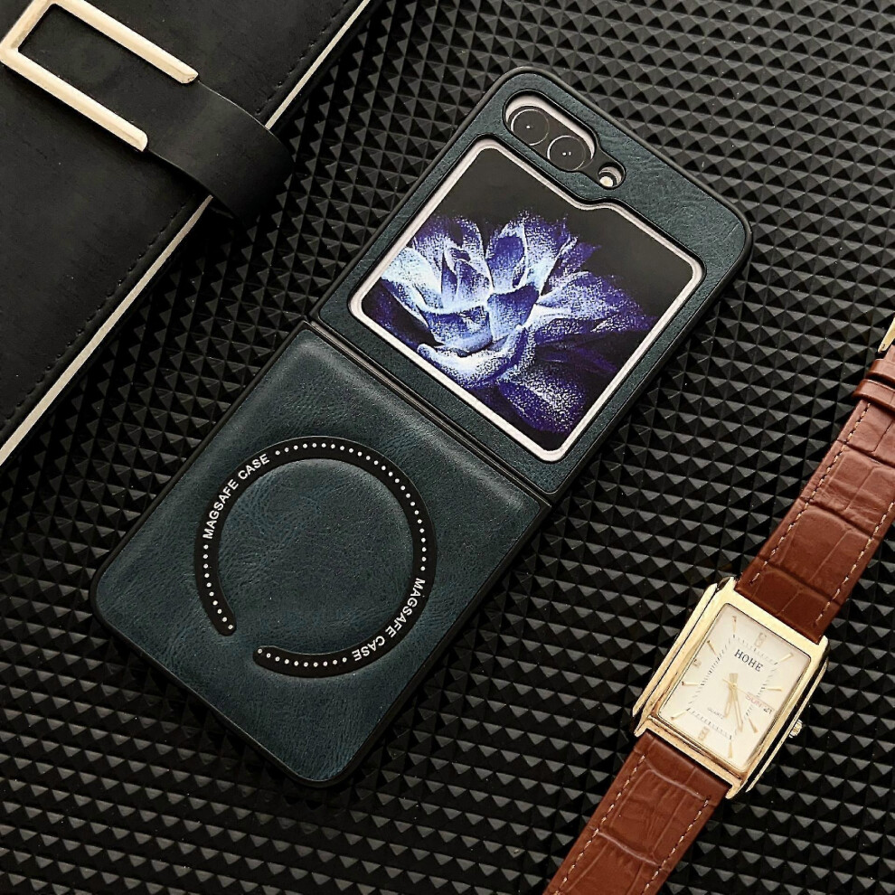 (Blue) Pu Leather Case Compatible Samsung Galaxy Z Flip 5 For Magsafe Wireless Charge Z Flip 5 Cover