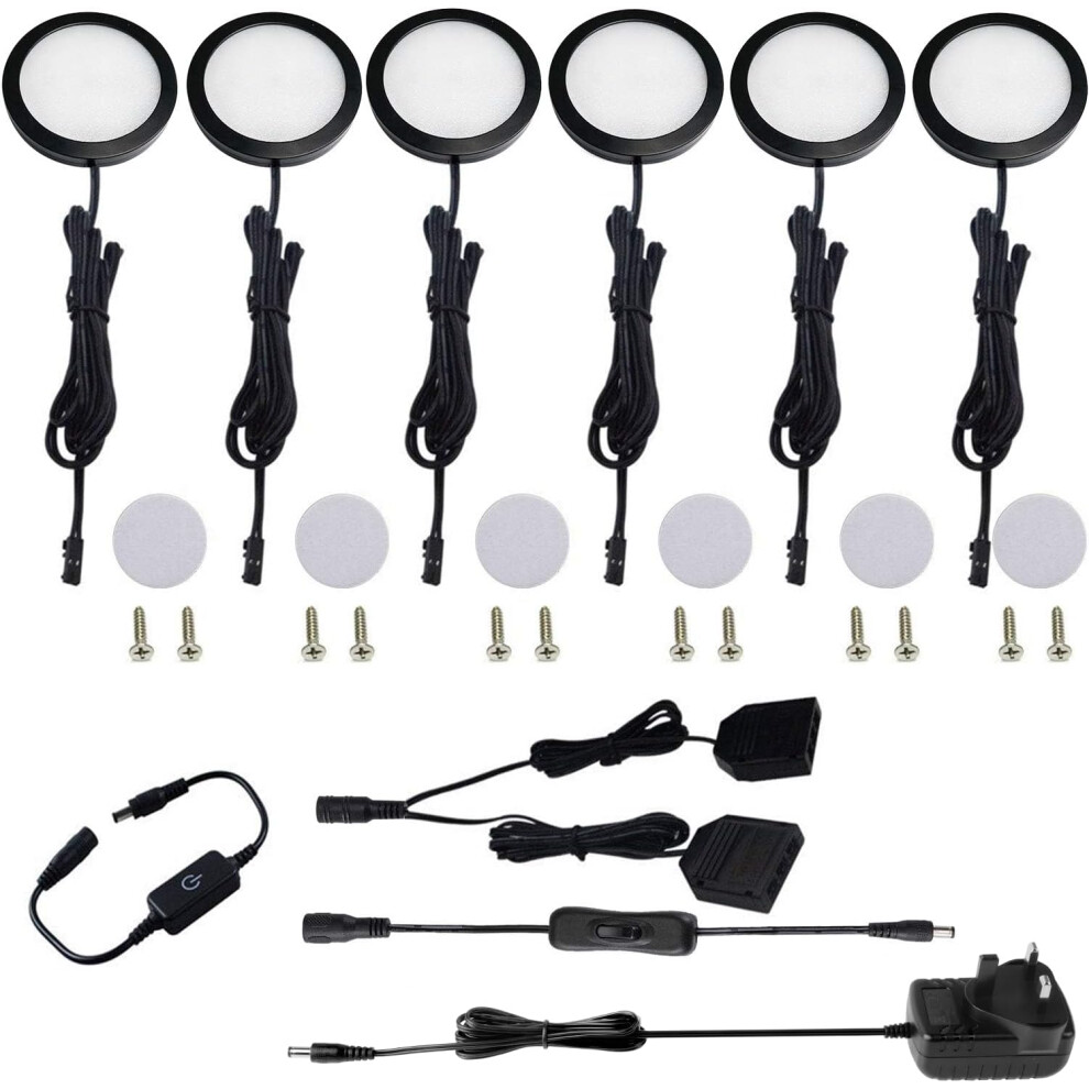 (Daylight White) Under Cabinet LED Black Lid Puck Lighting Kit with Touch Dimmer Switch for Kitchen Cabinet Closet Lights