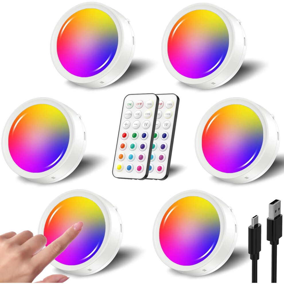 (6 Pack, Rgbw) Rechargeable Indoor Spotlight, 1600mAh Battery Color Changing LED Puck Light with Remote Control Button
