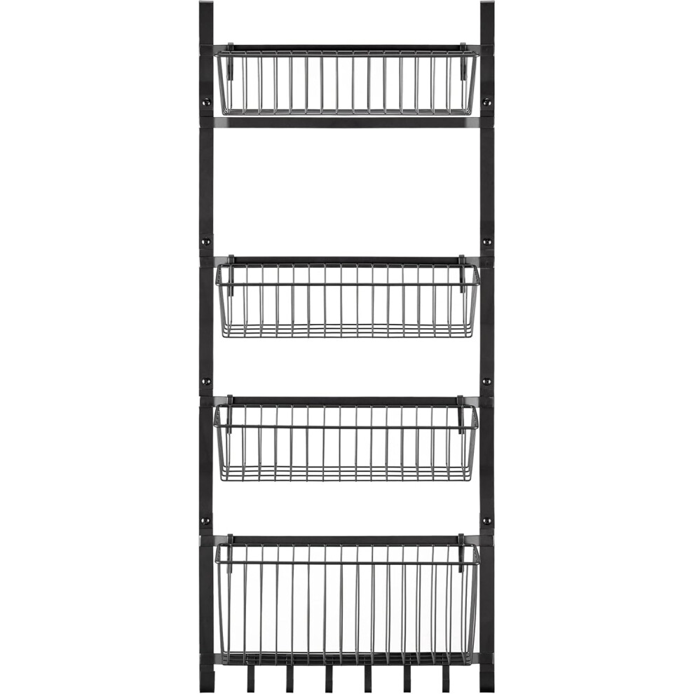 (Black - Over the Door) Over the Door Pantry Organiser - Hanging Spice Rack for Pantry Door - 4 Basket Shelves and Hooks - Wire Metal Kitchen Storage Organisation