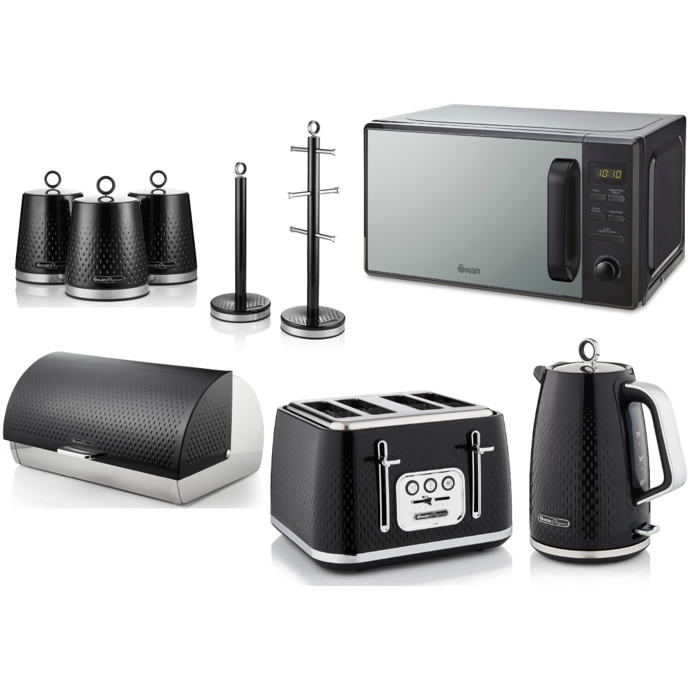 Swan Elegance Black Kettle Toaster Microwave & Kitchen Storage Set