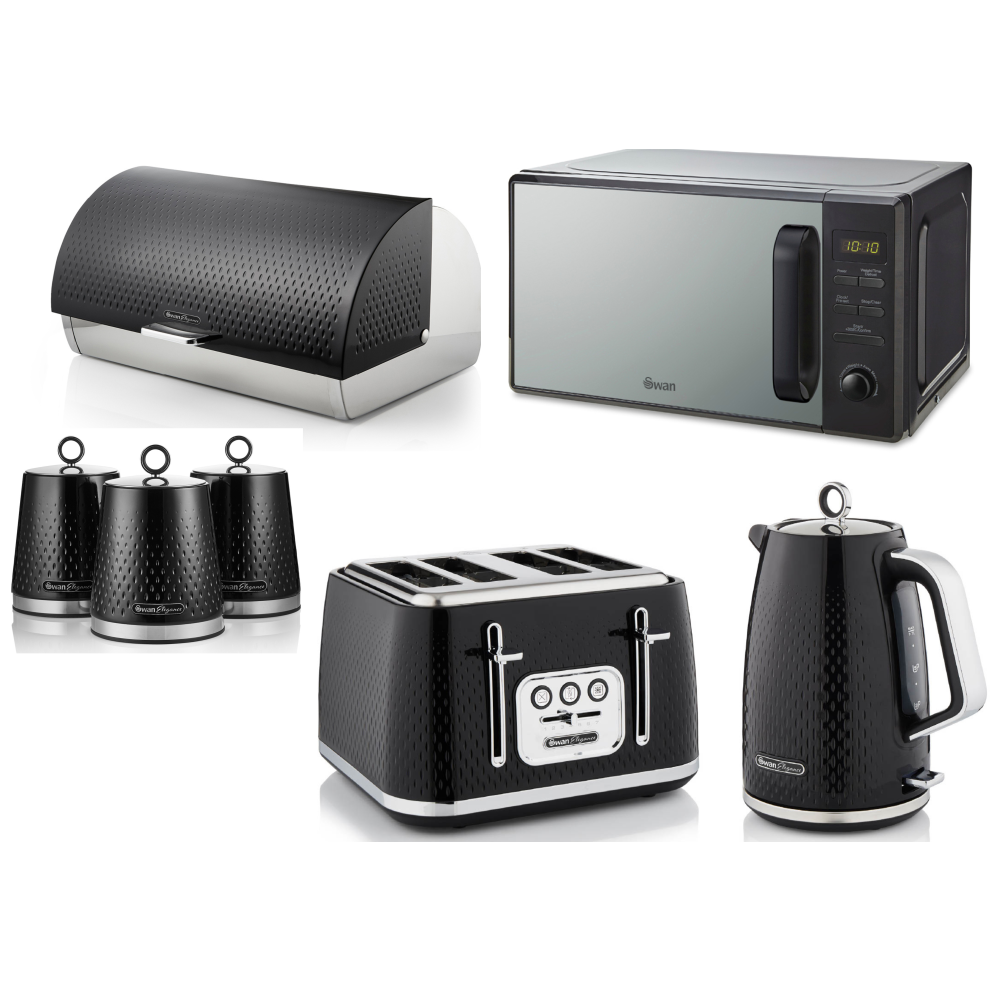 Swan Elegance Kettle Toaster Microwave Bread Bin Canisters Set Black