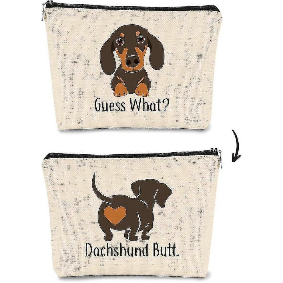 Funny Dachshund Makeup Bag,Guess What It's Pug Butt Cartoon Cute Sausage Dog Puppy Cosmetic Bag Best Gift Idea for Dog Loves,Birthday for Dachshund Mo