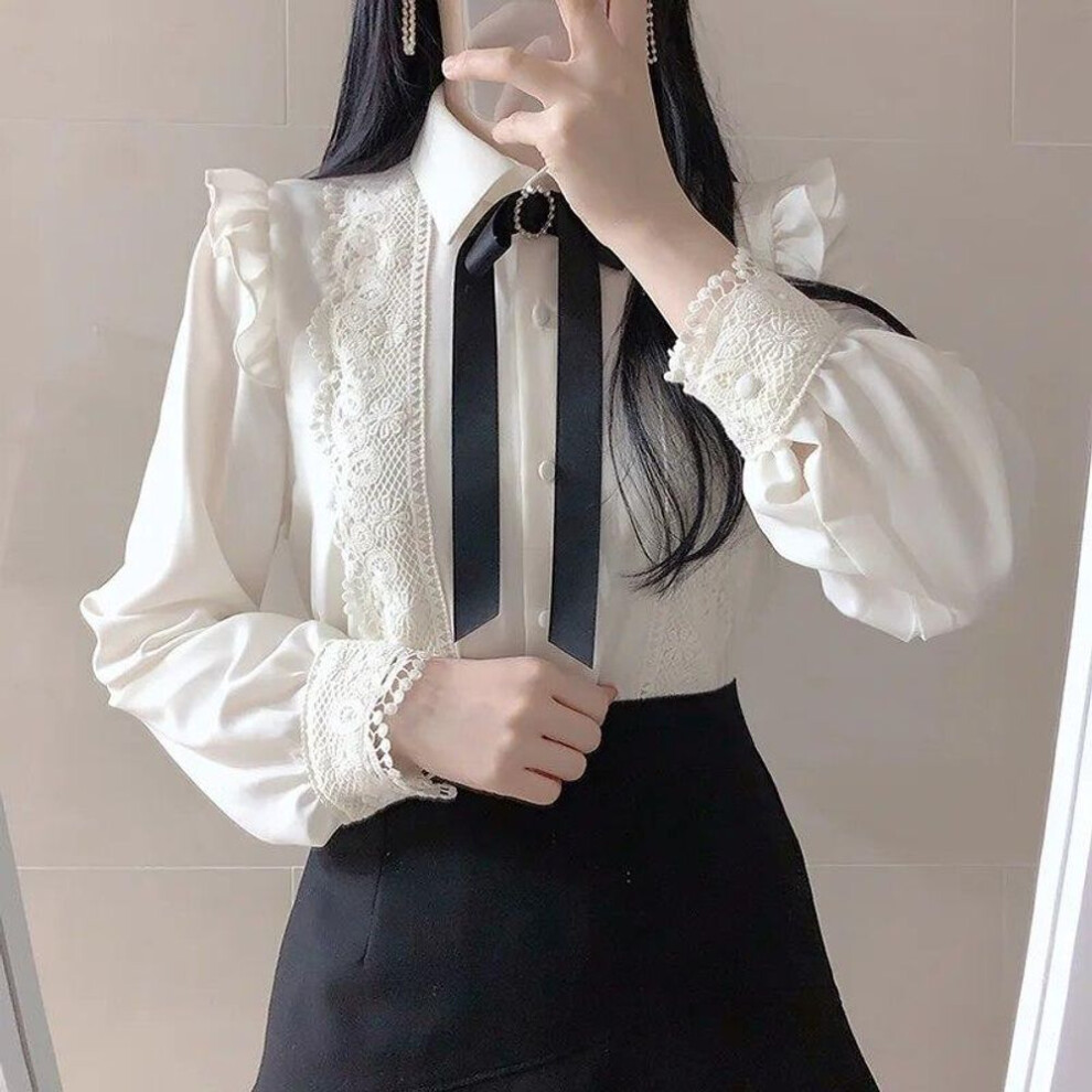 (white, L) Women Cute Sweet Girls Preppy Style Tops Blouses Formal Office Lady Basic White Button Shirts