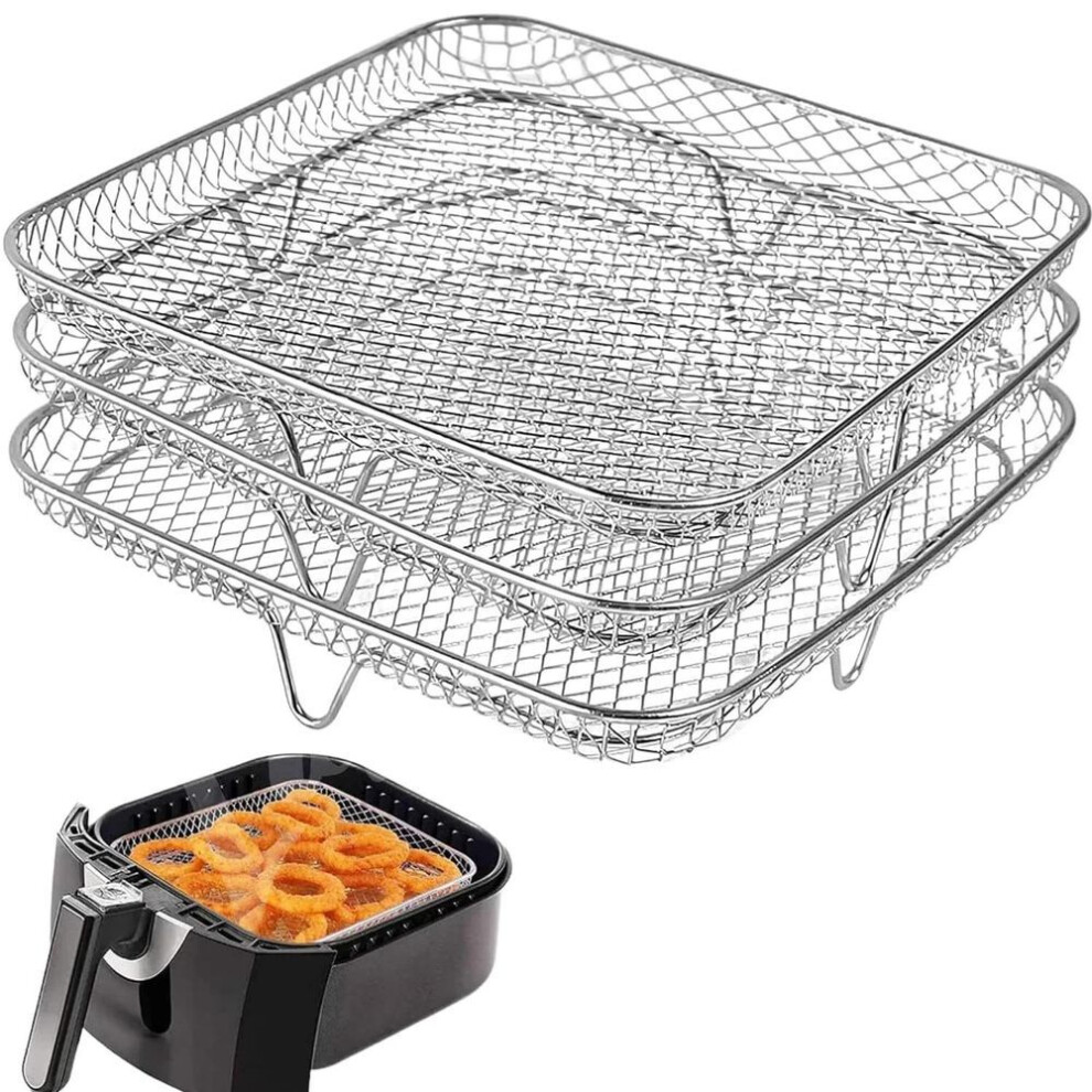 (as the picture, square) Three Stackable Air Fryer Rack Ovens Racks Stainless Steel Basket Tray Air Fryer Accessories Kitchen Gadgets Baking Tools