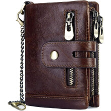 Mens Wallet (Coffee，With Color Difference) Leather RFID Blocking Men's Coin Purse 16 Card Slots Zipper Coin Pocket with Chain Classic Coin Purse