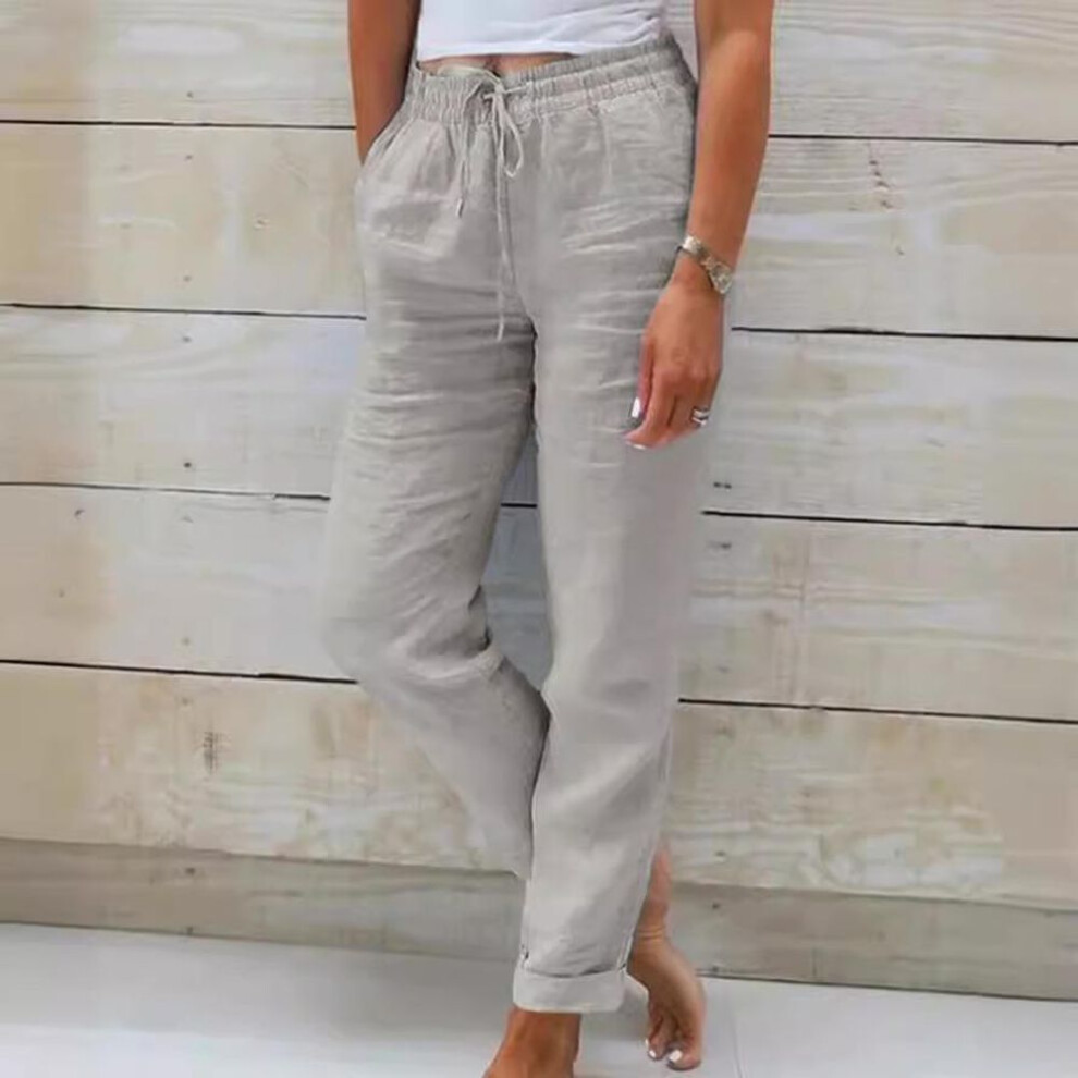 (grey, L) 2024 New Womens Summer Elastic Waist Pocket Solid Color Cotton Linen Wide Leg Pants Loose Nine Points Pants
