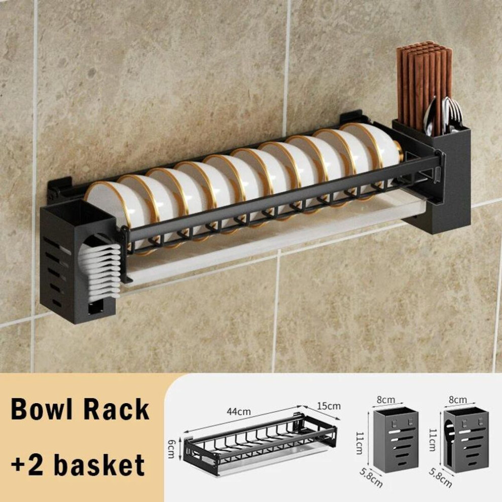 (Bowl rack 2basket) Dish Rack Punch-free Wall-mounted Bowl Drying Rack Kitchen Tableware Organizer Multifunctional Dish Storage Shelf Spoon Holder