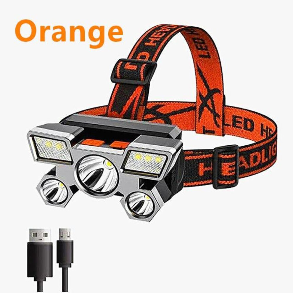 (orange, 1× Head lamp) 2022 Led Headlamp Strong Light Super Bright Head-mounted Flashlight Outdoor Rechargeable Night Fishing Headlight 5 Light Sources