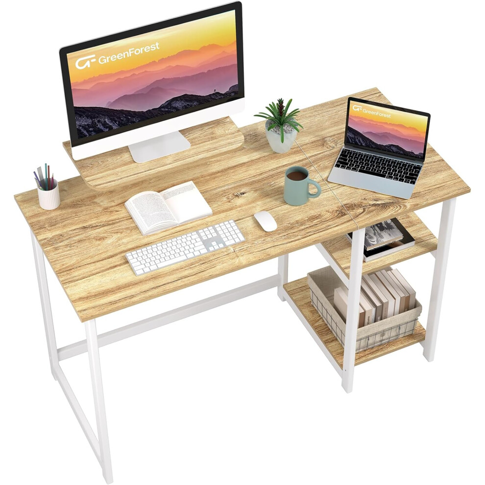 (100 x 50 cm, Beige) Office Desk with Monitor Stand,100cm Home Computer Desk with Reversible Storage Shelves