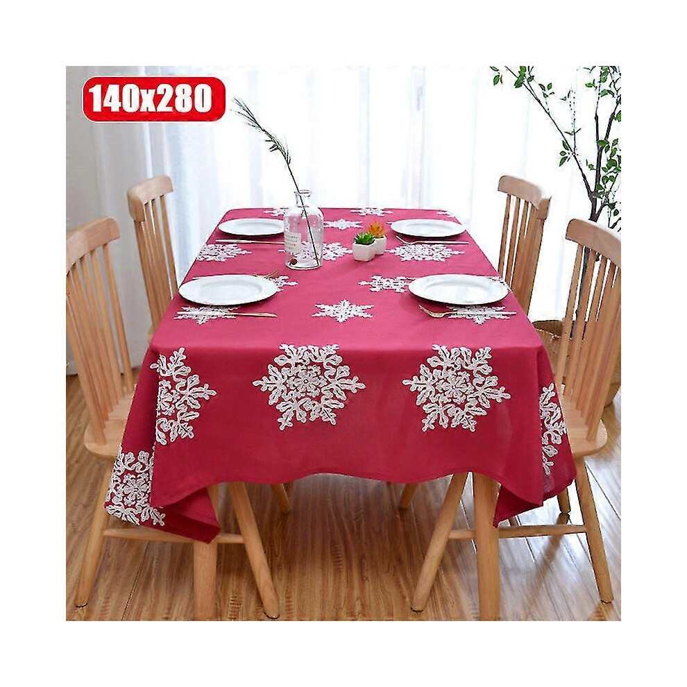 (Red, 140x280) Christmas Decorative Tablecloth Anti Wrinkle Linen Cotton Embroidered Holiday Table Cloth For Xmas Decoration